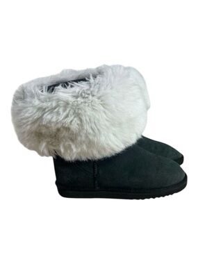 Ugg Classic Short 5800 Grey Leather Boots Size M9 Sheepskin Faux Fur Pull On Cuf